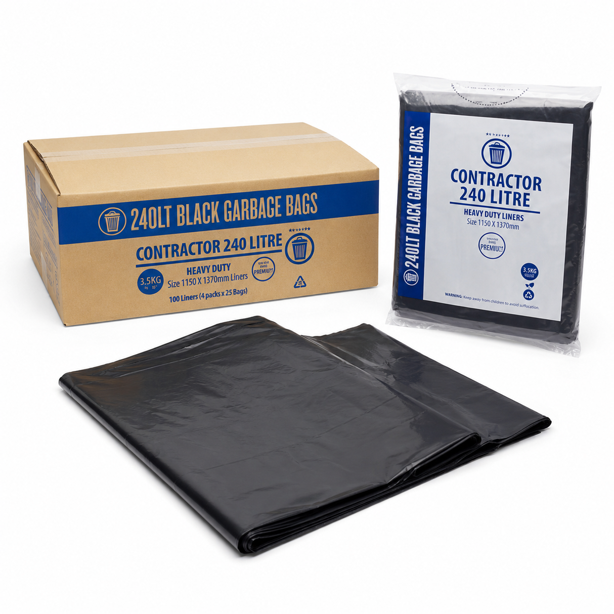 Garbage Bag Bin Liners - 240 Litre - 4 Packs x 25